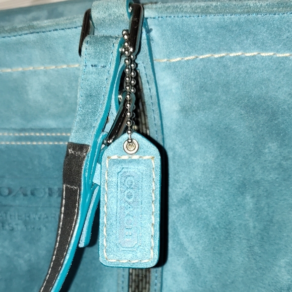 Coach 8B31 Torqoise Blue Suede Tote Gunmetal Beaded Zipper Shoulder Bag - Picture 8 of 17